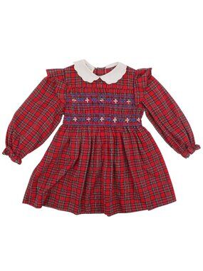 VTG Happy Kids Girls 5 Red Plaid Tartan Check White Collar Smocked Dress Holiday
